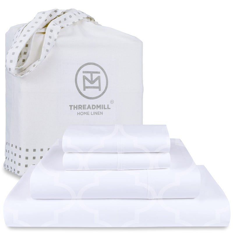 Threadmill ملاءات قطنية 100% من Threadmill لسرير بحجم كينج | طقم ملاءات سرير كينج 4 قطع | الساتان الدمشقي الناعم المسامي خفيف الوزن للاستخدام في جميع فصول السنة | ملاءات كينج مرنة ذات جيب عميق وملائمة تمامًا | أبيض - Image 1